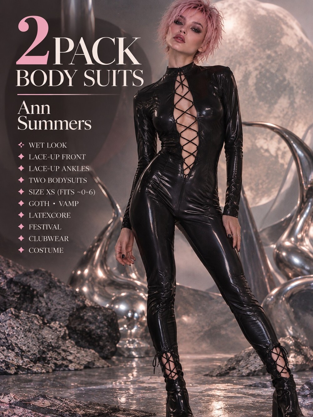 2 Black Wet Look Catsuits Summers Lace Up Goth Vamp Latexcore Halloween Cosplay